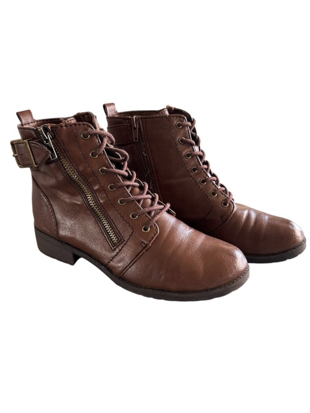 REPORT Lithium Brown Combat Lace Up Ankle Boots Side Zip Buckle Booties 8